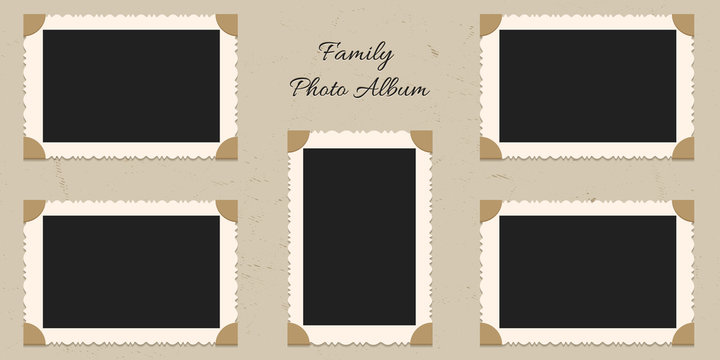 Family portrait pictures in frames on albom. Vector page of photo album, with photo frames and corner.
