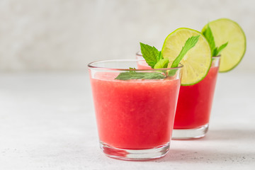 Summer party drink, watermelon lime mint smoothie. Space for text.