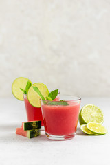Refreshing watermelon lime mint smoothie. Space for text.