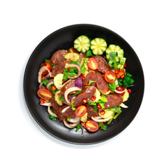 Spicy Chinese Sausage Salad (Yum Kun Chiang) with cucumber and vegetables Thai food