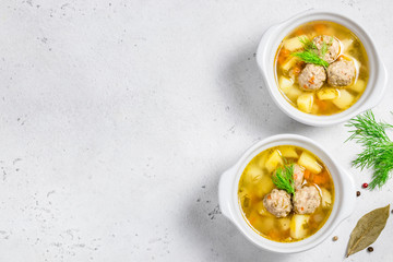 Classic homemade meatball soup. Space for text, top view.