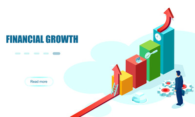 Vector of a businessman looking at a positive financial growth, rising up chart.