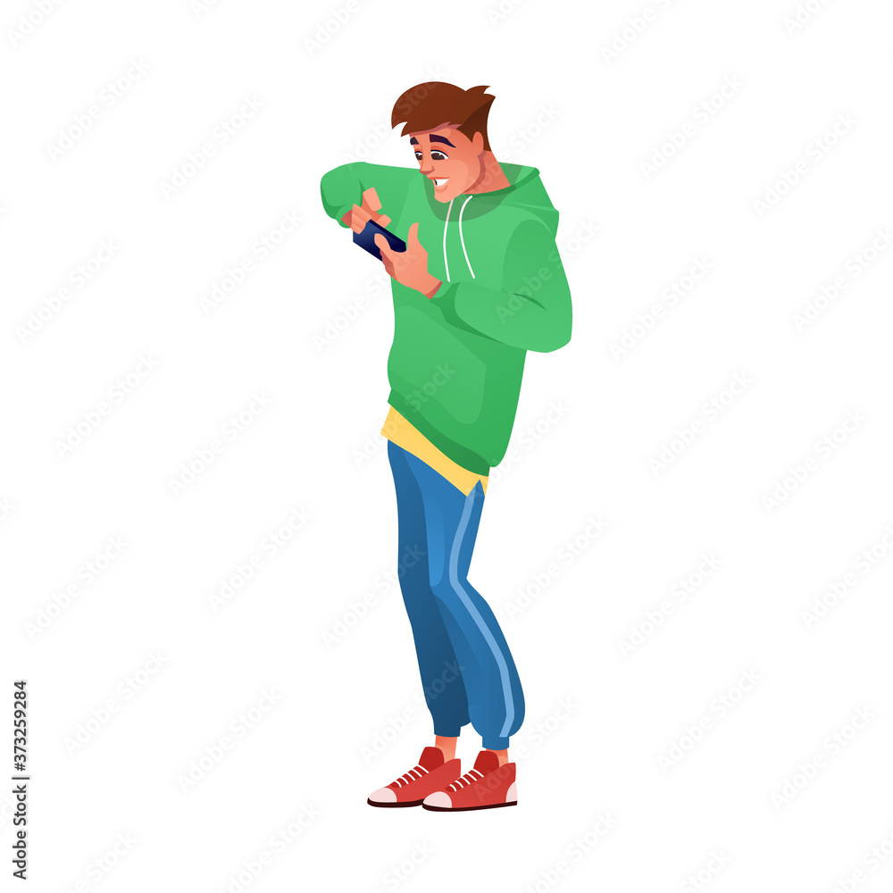 Poster boy playing on smartphone in mobile phone games, vector flat isolated cartoon guy. young hipster boy