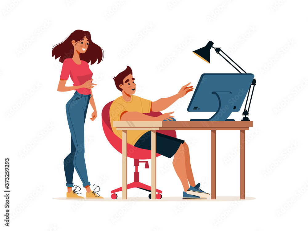 Poster man at computer with woman looking at monitor, office work vector cartoon illustration. manager and 