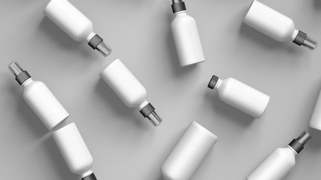 Cosmetics bottles spray for hair and hair shampoo bottles. Hair lotion. Loop animation.