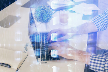 Multi exposure of tech drawings with man working on computer background. Concept of innovation.