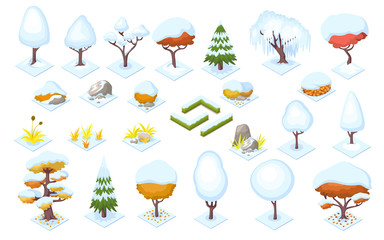 Winter season trees and bush fence, stones. Plants with snow for park or forest, garden or wood landscape elements. Cartoon floral elements for lawn. Fir tree and poplar, oak. Nature collection
