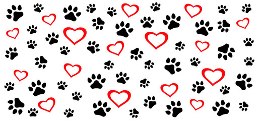 Dogs or cats background pattern. Love heart symbol. Slagan dog or cat. Dog's or cat’ss footprint, Funny vector dog quote signs. Lovers silhouette. Animals day Funny footsteps or steps. Pet paw step.