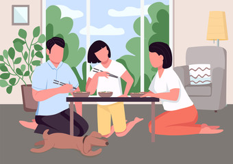 Asian family dinner flat color vector illustration. Parents with child eat rice with chopsticks. Japanese people lunch. Chinese relatives 2D cartoon characters with living room interior on background
