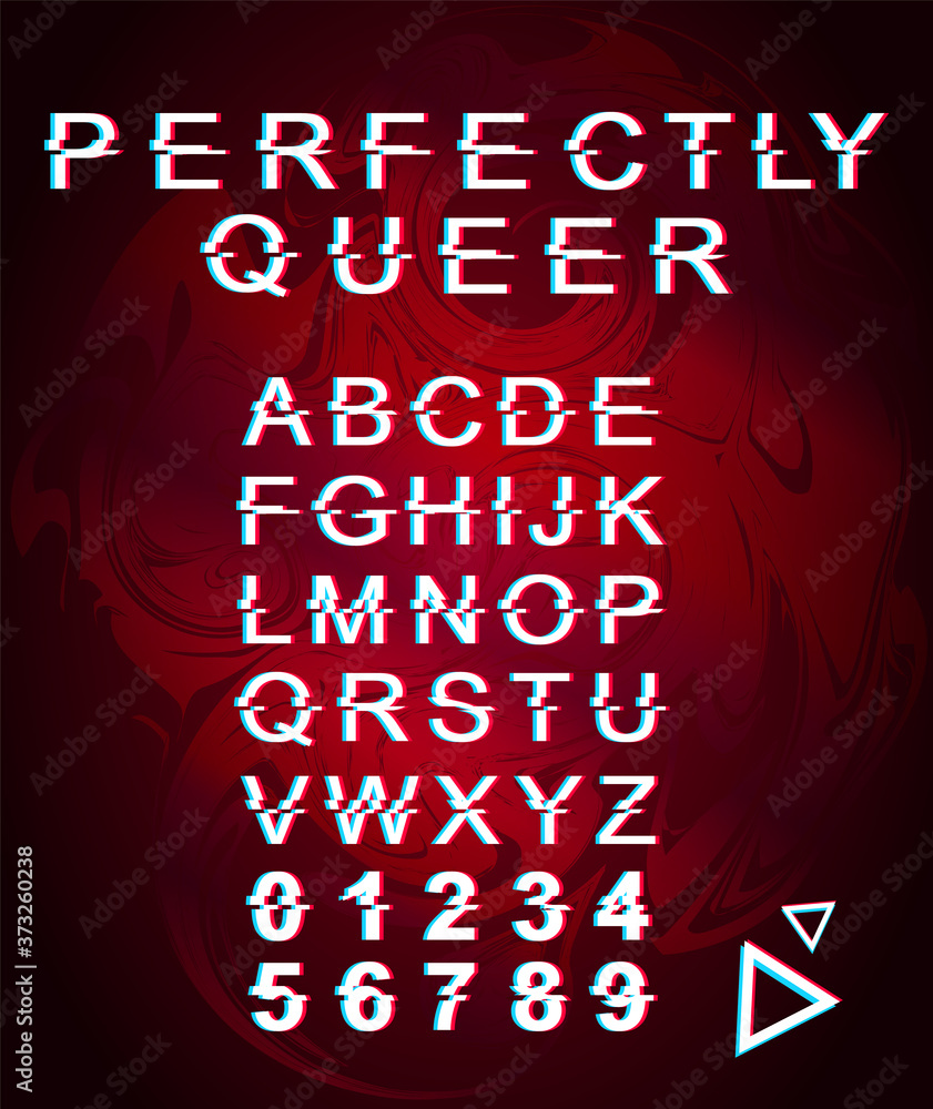 Poster perfectly queer font template. retro futuristic style vector alphabet set on red marbling background