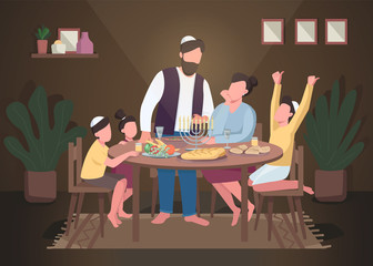Hanukkah flat color vector illustration. Evening celebration for religious holiday. Parents and children at table with candle. Jewish family 2D cartoon characters with home interior on background