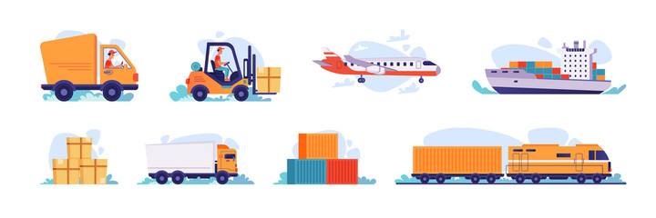 Delivery and logistics transport icons, vector shipping and warehouse flat isolated set. Cargo freight shipment, parcels storehouse logistics and delivery car, airplane, ship and forklift truck loader - obrazy, fototapety, plakaty