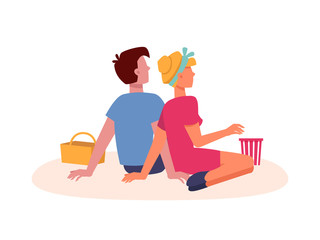 Couple sitting on picnic, dating and looking forward from back behind, vector flat isolated. Couple man and woman lovers on romantic dating or picnic sitting, embracing and eating