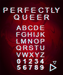 Perfectly queer font template. Retro futuristic style vector alphabet set on red marbling background. Capital letters, numbers and symbols. LGBTQ community typeface design with distortion effect