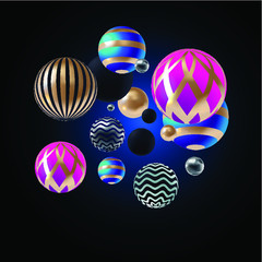3D vector decorative balls with a color pattern isolated on a black background with lighting