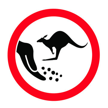 Fo not feeding kangaroo Vector animal sign. wallaby zoo pictogram. Stop kangaroos sign. Jump or jumping on the Australian plains ( mammal ). Danger warning area icons. Forbidden, no kangaroo symbol. 