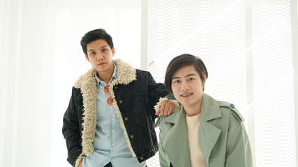 Two Asian stylish woman with winter fashion jacket season dress up