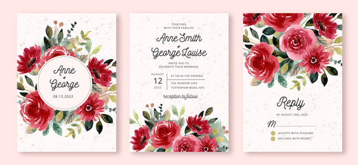wedding invitation set with red flower garden watercolor