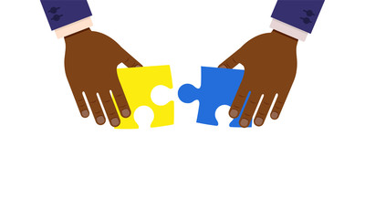 Teamwork vector flat concept illustraion design. Businessmen hands create puzzle together.