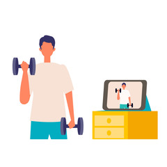 Online fitness concept. Work out via monitor, laptop, tablet. Vector illustration of a man working out in his home.