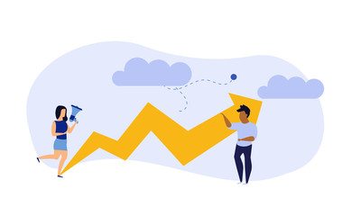 Business analytics in cloud arrow vector leadership company. People challenge teamwork up. Flat job marketing concept illustration. Growth with rocket investment service. Man and woman trend result