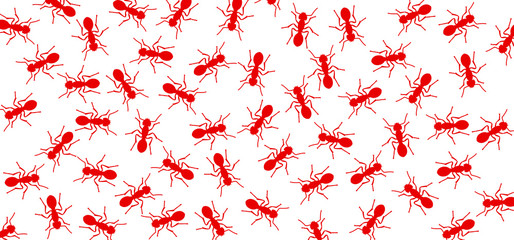 Insect, worker ants marching in search of food sign. Ants crawling, walking in a group or line. Vector seamless pattern of ants. Funny silhouette pictogram. Follow emmet pismire insects banner.
