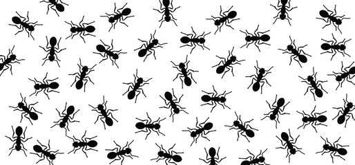 Insect, worker ants marching in search of food sign. Ants crawling, walking in a group or line. Vector seamless pattern of ants. Funny silhouette pictogram. Follow emmet pismire insects banner.