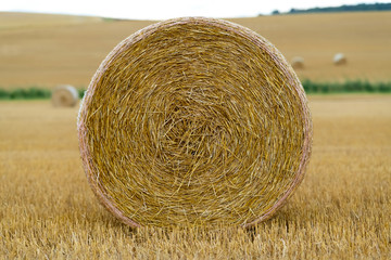 Stroh Ballen rund Feld Ernte Mähdrescher Deutschland Vorrat Futtermittel Heu Getreide Landschaft...