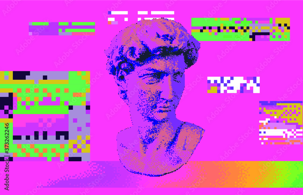 Poster cyberpunk-style collage with plaster 3d head and pixel artifacts. vaporwave and retrowave aesthetics