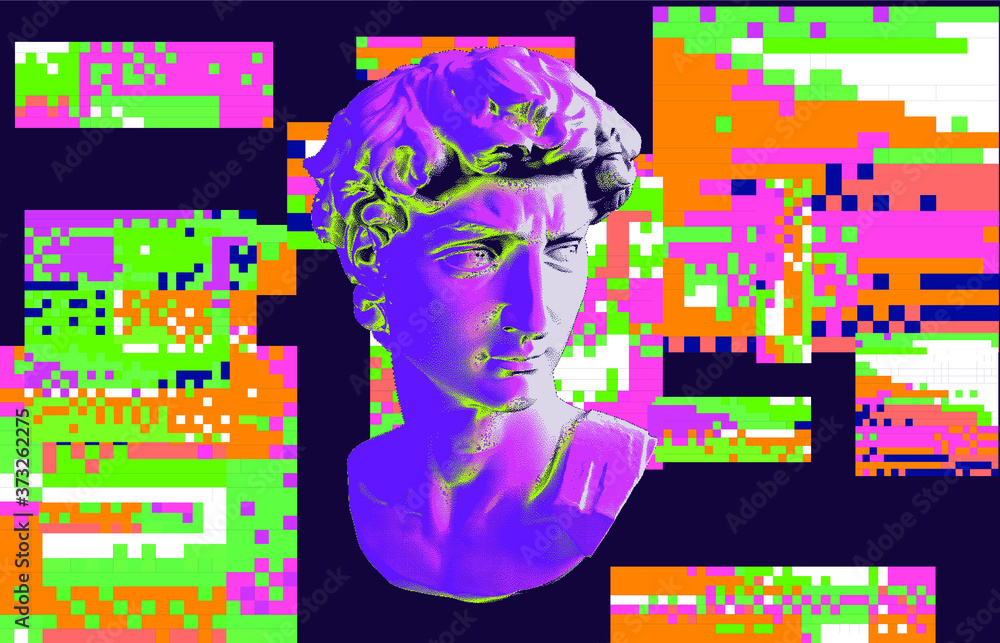 Aufkleber cyberpunk-style collage with plaster 3d head and pixel artifacts. vaporwave and retrowave aesthetics
