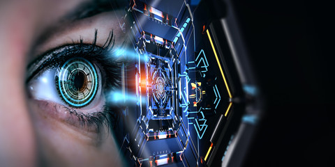 Close up of woman eye in process of scanning