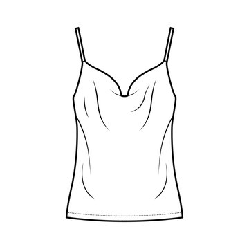Camisole technical fashion illustration with vintage-inspired cowl neckline, relaxed fit, tunic length. Flat outwear tank apparel template front, white color. Women, men unisex shirt top CAD mockup