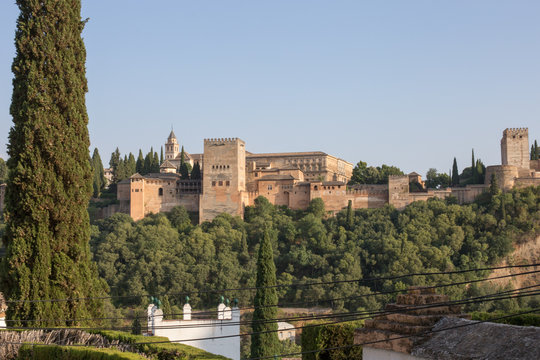Al Hambra view form another hill Granada, Spain summer time evening