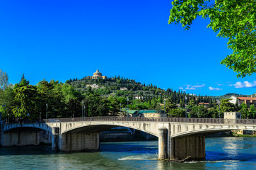 Verona Adige River Embankment view of the Garibaldi Bridge (Ponte Garibaldi) and the Sanctuary of...