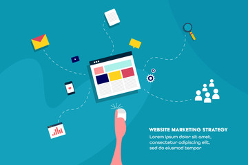 flat design concept of website marketing strategy. Digital brand strategy including seo, email marketing, social media, targeting audience, niche marketing and measuring success . Web banner template.