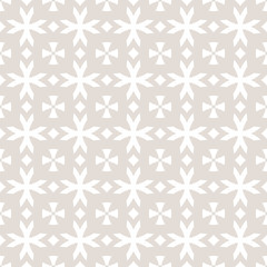 Vector geometric seamless pattern with flower shapes, crosses, diamonds. Subtle beige and white floral ornament in gothic style. Simple ornamental texture. Repeat design for decor, wallpapers, cloth