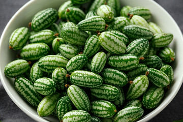 Freshly picked Cucamelon in white bowl. vegetable healthy food
