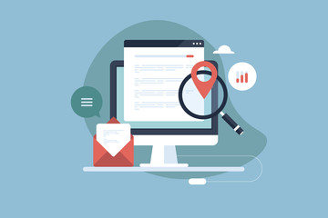 Local seo, business listing on search engine page, local store optimization service.  Finding local business store search map, digital marketing concept. Web banner template, with magnifying glass.