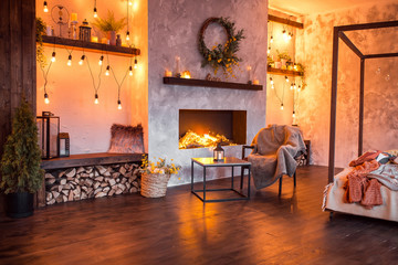 luxury studio apartment with a free layout in a loft style in dark colors. Bedroom area with...