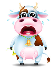funny cartoon crying little cow with flower and golden bell