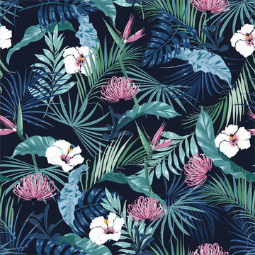 Beautiful stylish dark tropical flower in the rainforest seamless pattern vector EPS10 ,Design for fashion, fabric, web, wallpapers, wrapping, and all prints