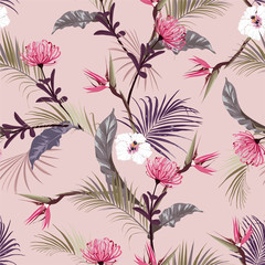 Obraz premium Retro sweet tropical jungles with exotic flower ,hibiscus floral seamless pattern vector EPS10,Design for fashion. fabric, web, wallpaper, wrapping and all prints