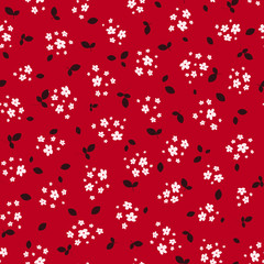 Liberty pattern. Vector seamless texture with small pretty white flowers and black leaves on red backdrop. Elegant floral background. Simple ditsy pattern. Repeatable design for decor, textile, fabric
