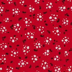 Wall murals Small flowers Liberty pattern. Vector seamless texture with small pretty white flowers and black leaves on red backdrop. Elegant floral background. Simple ditsy pattern. Repeatable design for decor, textile, fabric
