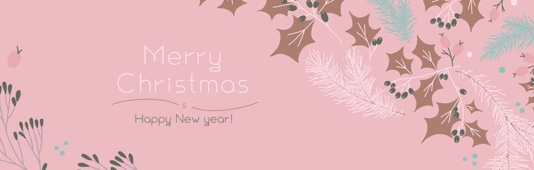 Christmas banner template on pink background. Winter sale fair ad. Vintage New Year greeting card design. Pinecone Xmas panoramic decorations. Merry Christmas decoration with isolated tree branches.