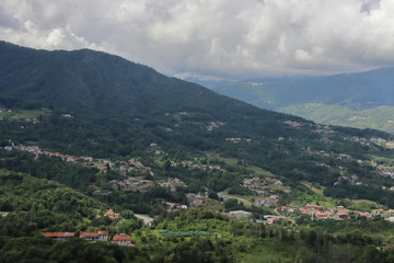A view of the Canvese hills and mountains from the Sacro Monte di Belmonte sanctuary in the province of Turin. 