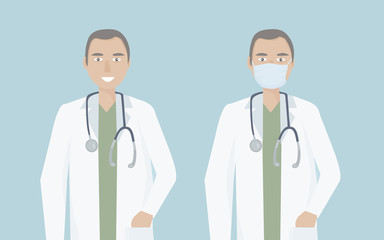 Doctor's a man, a health worker.  Friendly character with a medical mask and an open face. The concept of medical care and assistance to people. Vector flat illustration