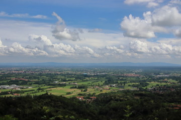 A view of the Canvese hills and mountains from the Sacro Monte di Belmonte sanctuary in the province of Turin. 