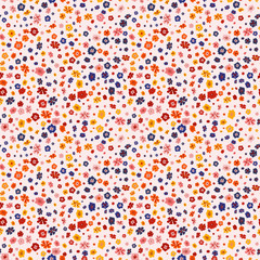 Vector seamless pattern with small scattered flowers. Liberty style wallpapers. Elegant floral background. Simple ditsy texture with tiny flowers on white. Repeat design for decor, fabric, prints