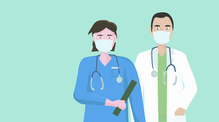 A team of doctors in medical masks to protect against viruses and infection. The concept of medical care and assistance to people. Vector flat illustration.